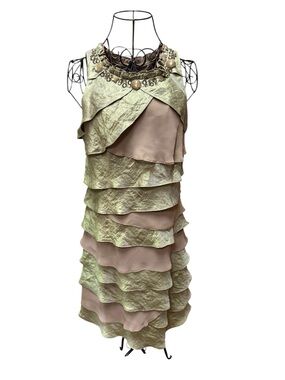 S.L. Fashions Sleeveless Tiered Ruffle Dress Embellished Neck Pale Green Beige
